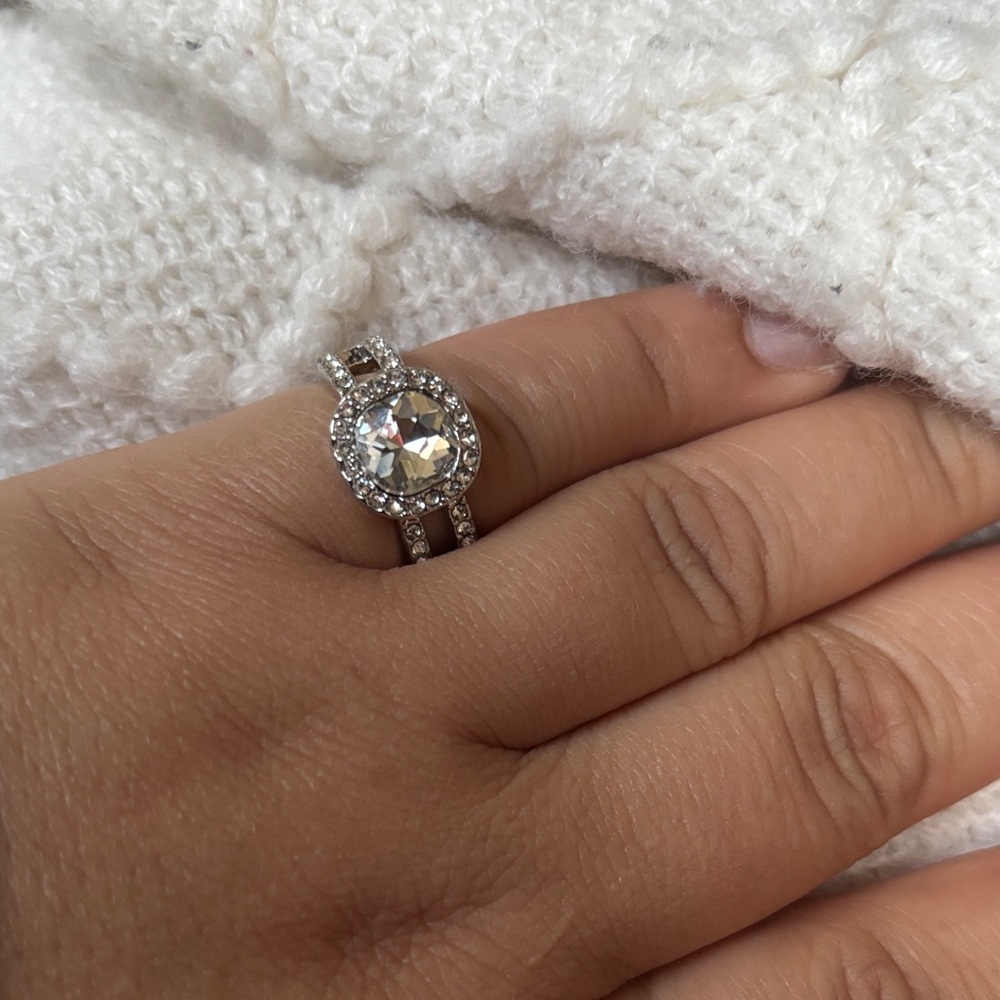 Silver Crystal Halo Engagement Ring - White Stone